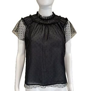 Chelsea28 Mesh Tulle Swiss Dot Top Size Small Black Sheer Ruffle Crew Fairy Goth